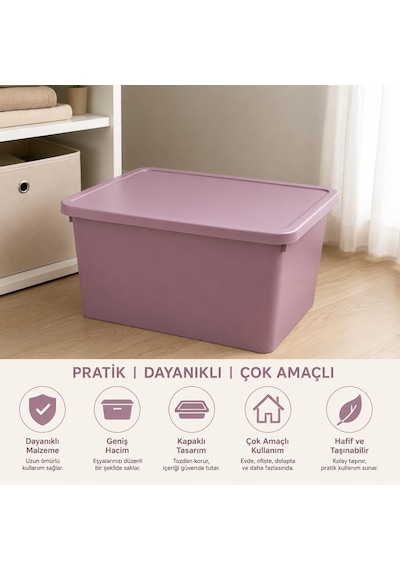 20 Litre Kapaklı Plastik Depolama Kutusu Organizer Kutu Çok Amaçlı Düzenleyici Saklama Kutusu E Pembe