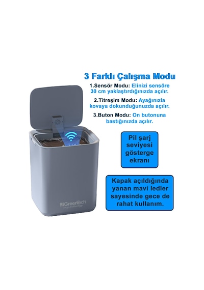Ayrex Greentech Sensörlü Şarjlı 22 Litre Çöp Kovası Şarj Edilebilir Lityum Pilli / Gt-sc05b Genel