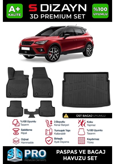 S-dizayn Seat Arona 3d Pro Havuzlu Paspas Ve Üst Bagaj Havuzu Seti 2'li Set 2017 Üzeri A+ Kalite