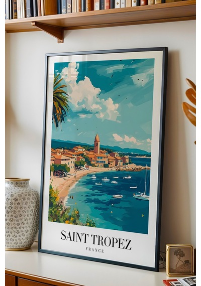 Saint Tropez France Vintage Seyahat Posteri Çerçeveli Tablo - Premium Akdeniz Sahil Duvar Dekoru Siyah