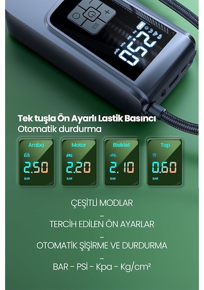 Dijital Ekranlı Şarjlı Araç Hava Kompresörü Ledli Powerbank Lastik Top Yatak Şişirme Pompası 150psi Diğer