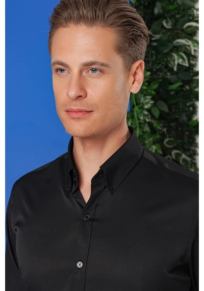 Efor Slim Fit Düğmeli Yaka Uzun Kol Pamuklu Klasik Siyah Gömlek Gk 716 Siyah