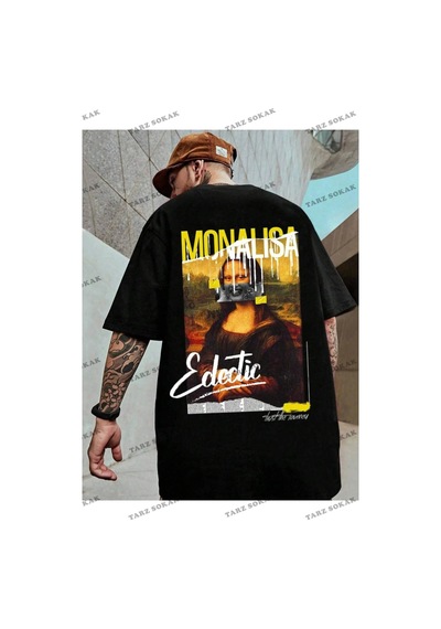 Startmore Unisex Kadın/erkek Monalisa Renkli Özel Baskılı Oversize Penye Siyah