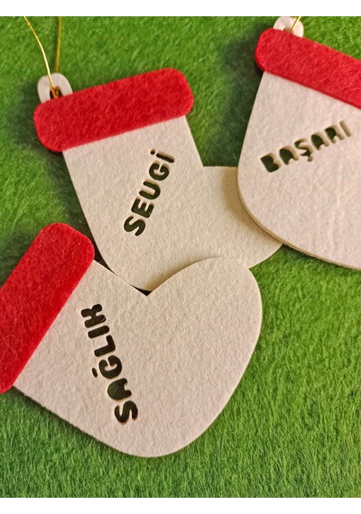 Yılbaşı Keçe Çizme Süs Seti Krem Rengi 5 Adet Dilek Temalı Noel Ağaç Süsü