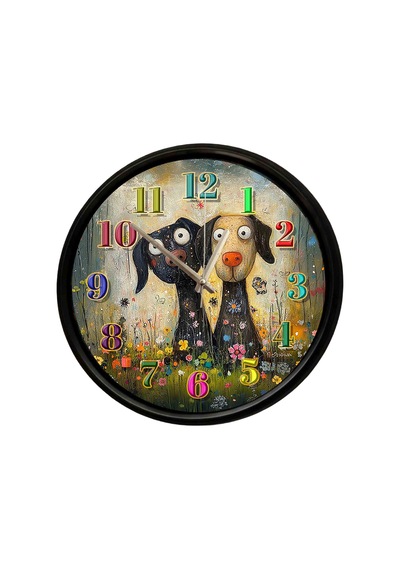 Sevimli İkili Köpek Temalı Duvar Saati 28 Cm Sessiz Mekanizma Eğlenceli Dekor Çok Renkli