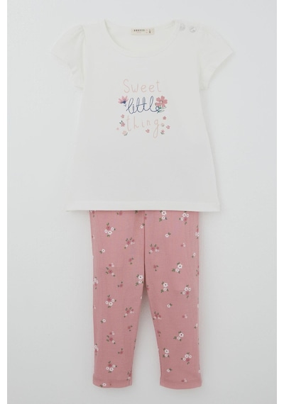 Breeze Kız Çocuk Kısa Kollu Taytlı Takım Çiçek Desenli 1.5-5 Yaş , Ekru