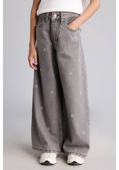 Defacto 90's Wide Leg Desenli Açık Gri Kız Çocuk Jean Pantolon I4476a8/nm18