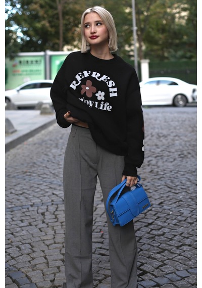 Siyah Bisiklet Yaka Baskılı Sweatshirt Mg1572