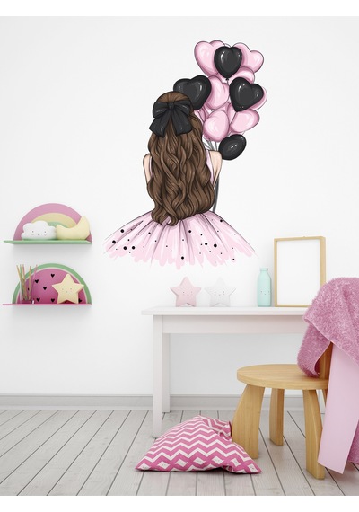 Çocuk Odası Pembe Elbiseli, Pembe Siyah Balonlu Kız Cam, Duvar Sticker