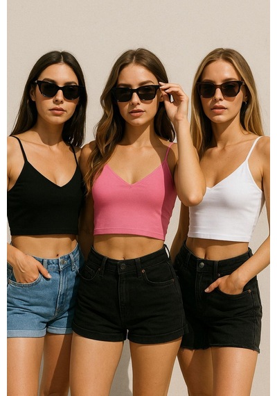 Kadın 3'lü Paket Siyah Beyaz Pembe Kısa Crop İp Askılı V Yaka Krop Bluz Büstiyer Çok Renkli