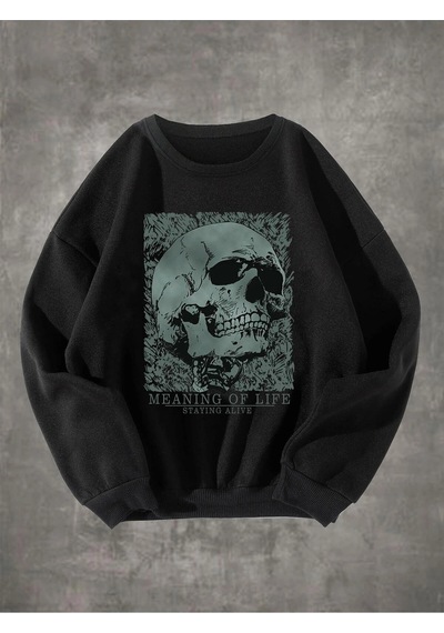 Adrift Grunge Punk Skull & Letter Graphic Sweatshirt Siyah Siyah