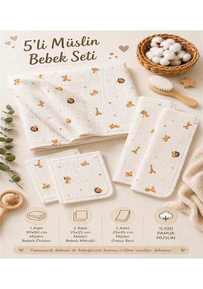 More Home Çok Amaçlı Müslin Bez Battaniye Set 5 Parça Tilkili Açık Kahverengi