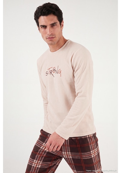 Buratti Ekoseli Bisiklet Yaka Yumuşak Dokulu Polar Pijama Takımı Erkek Pijama Takımı 6097000 Bej