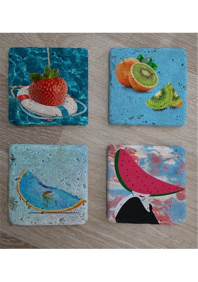 İlüstrasyon Meyve Manipülasyon Doğal Taş Bardak Altlığı 4'lü Set - Natural Stone Coasters-174094 Çok Renkli