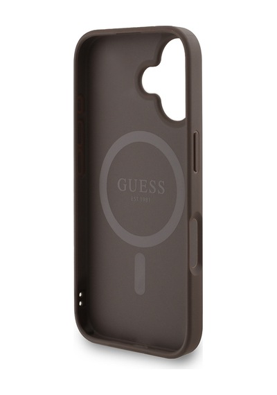 Apple iPhone 16 Plus Uyumlu Kılıf Guess Lisanslı M safe Bilek Askı İpli Yazı Logolu Kapak Kahve