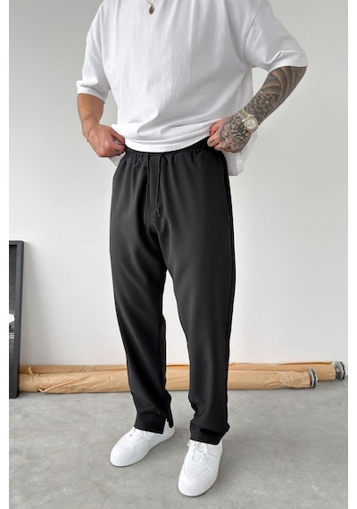 Siyah Paçası Fermuarlı Baggy Pantolon