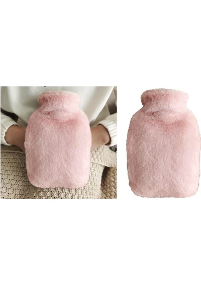Sıcak Su Torbası Yan Cepli Pembe Peluş Termofor 27x17x2cm 1 Litre Pembe