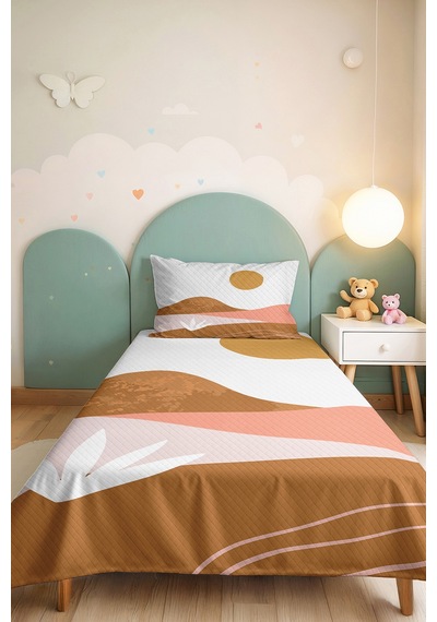 Geometrik Modern Hardal Genç Odası Tek Kişilik Pike Takımı-pudra Bej 160x220cm Kapitone Yatak Örtüsü Gizli Pencere Ufku