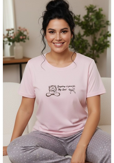 Siyah İnci Desenli Pamuklu Büyük Beden Battal Boy Örme Pijama Takım 26113861 Pembe