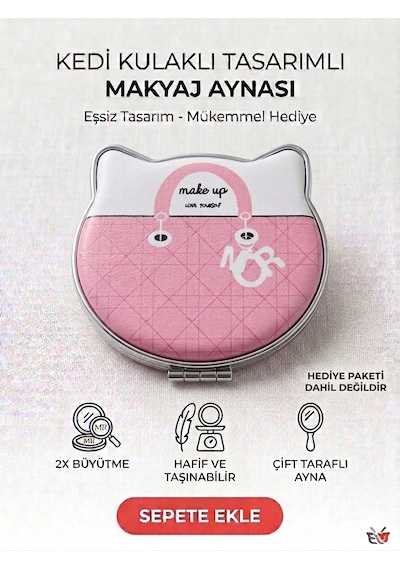 Şık Tasarım Makyaj Aynası- Kedi Pembe