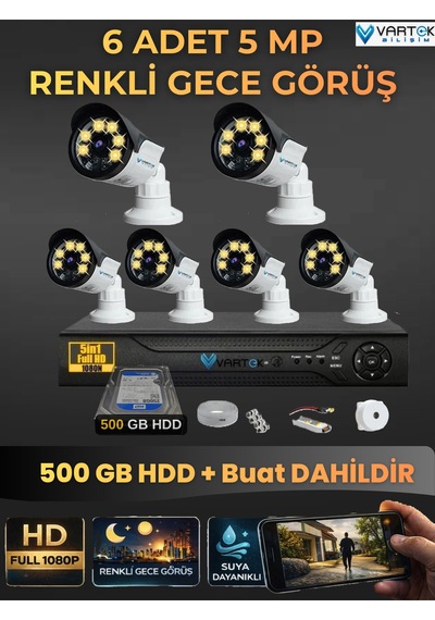 6 Kameralı Set 500 Gb Hdd Full Hd Gece Görüşlü Güvenlik Kamerası Sistemi-sabit İp Gerektirmez-