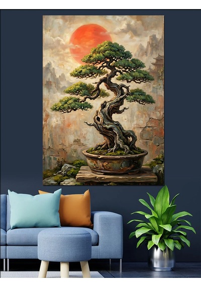 Saksıda Budanmış Küçük Bonsai Ağacı Dekoratif Kanvas - Mdf Ahşap Tablo
