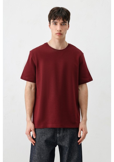 Kısa Kollu Boxy Fit Tişört Bordo