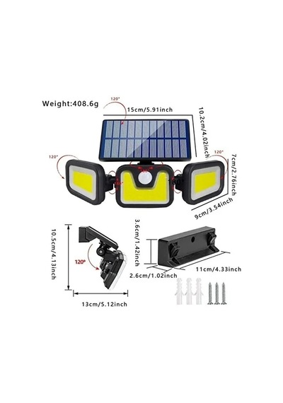 Üçlü Solar Led Projektör - Beyaz Işık - Sensörlü Dış Mekân Aydınlatma Bx40