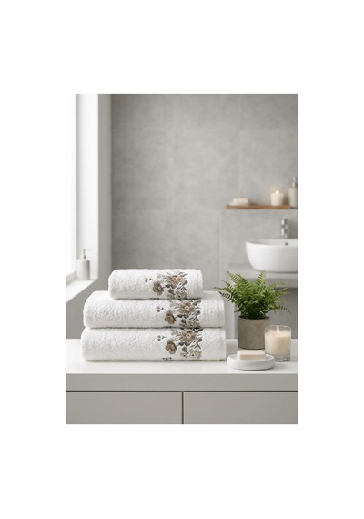 Bambu Pamuk Çiçek Nakışlı 50 X 90 Cm Nakışlı El Havlusu Açık Bej