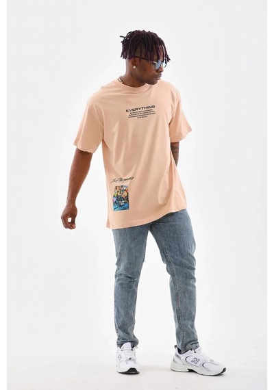 Erkek Bisiklet Yaka Baskılı Oversize T-shirt - Bej Bej