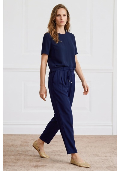 Sateen Kısa Kollu Bluz - Lacivert-137408