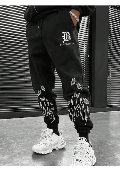 Legnd Fire & Letter Graphic Drawstring Waist Eşofman Altı Siyah