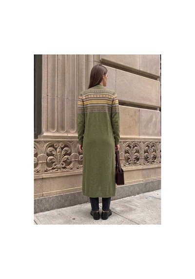 Onno Style Women Kilim Desen Uzun Triko Kadın Hırka Haki