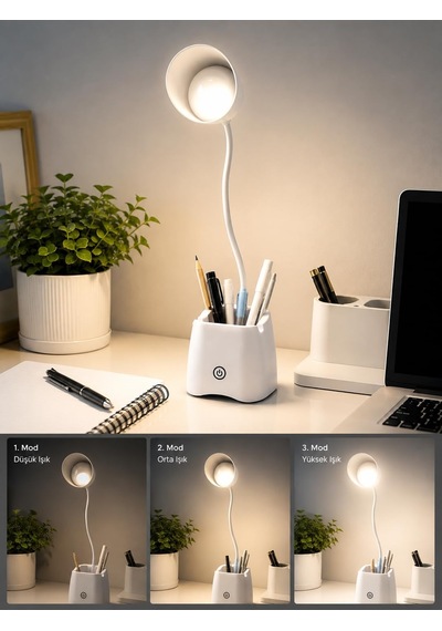 3 Modlu Led Masa Lambası Ve Kalemlik Esnek Boyunlu Dokunmatik Çalışma Lambası, Kalem Organizerli Masaüstü Aydınlatma, Beyaz Diğer