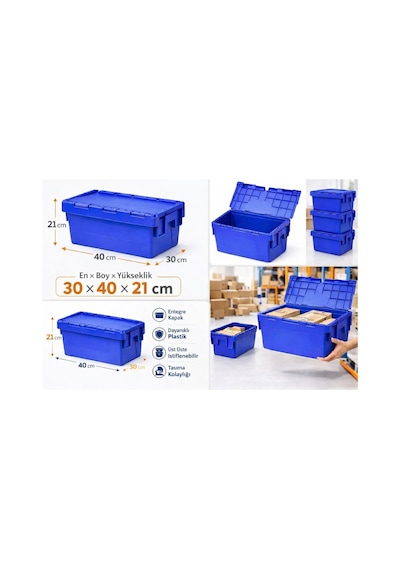 5li 30 40 21 Cm Mavi Menteşe Kapaklı Plastik Kasa