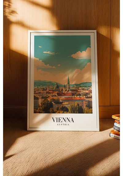 Vienna Austria Vintage Seyahat Posteri Çerçeveli Tablo - Premium Viyana Şehir Elit Duvar Dekoru Beyaz