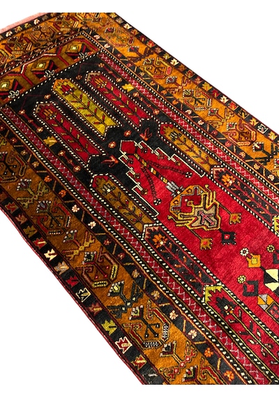 El Dokuma Eski Büyük Yahyalı Halısı 123x265 Kök Boya %100 Yün Halı Kırmızı