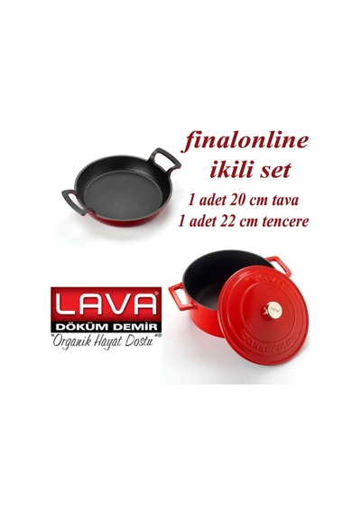 Finalonline Ikili Döküm Seti 20 Cm Sahan+22 Cm Tencere Tava+tencere Kırmızı