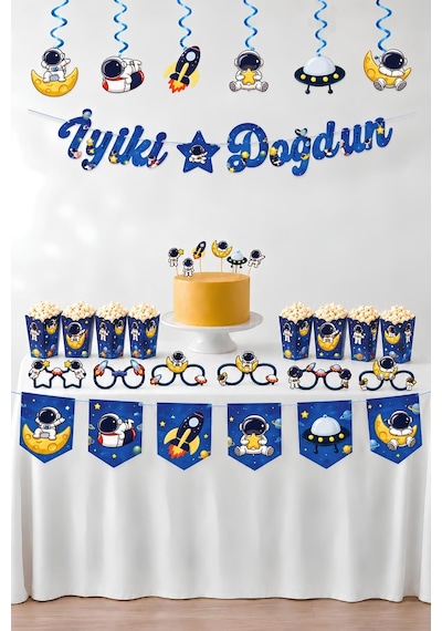 Uzay Temalı Parti Seti Tavan Sarkıt, İyi Ki Doğdun Banner, 3d Gözlük, Pasta Figürü Ve Mısır Kutusu Mavi