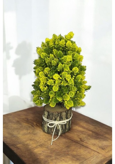 Yapay Çiçek Bonsai Ağacı Sarı Kozalaklı Kütük Saksıda Dekoratif Yapay Ağaç Bonzai 30 15 Cm