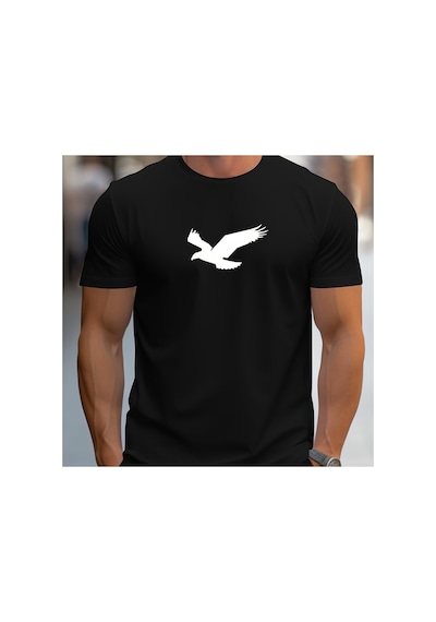 Caddemia Yaz  Moda Rahat Spor Gevşek Siluet Kartal Desen Baskılı Yuvarlak Boyun Siyah 2XL