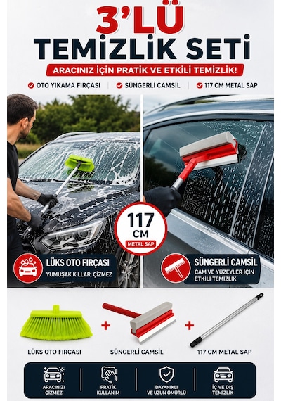Saplı Lüx Oto Yıkama Fırçası + Süngerli Camsil Seti 2'li Araç Ve Cam Temizlik Seti 1