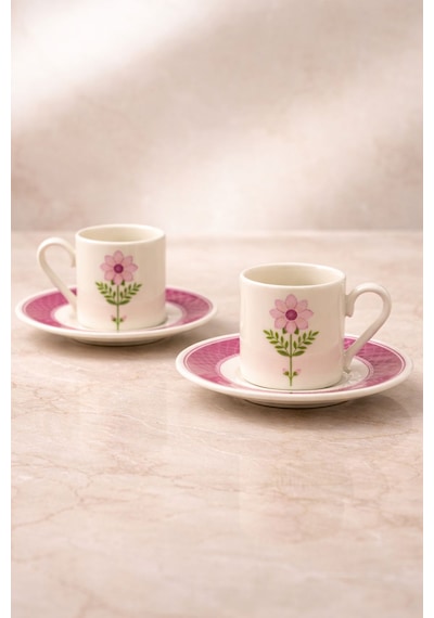 2 Kişilik Porselen Mor Papatya Desenli Kahve Fincan Takımı Seti 90ml Beyaz