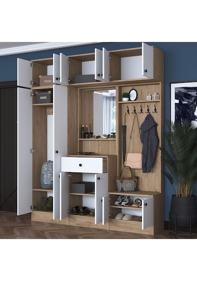 Rani Ea108 Portmanto Çekmeceli Aynalı Askılı Vestiyer Sepet Ceviz - Beyaz