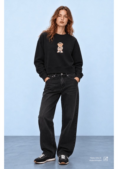 UCLA Cardı Siyah Baskılı Pamuk Bisiklet Yaka Loose Fit Kadın Sweatshirt