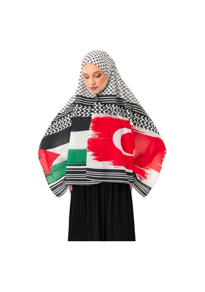 Zaytoon Şal Kefiye Desenli Filistin Ve Türkiye Bayrakları Dijital Baskılı Filistin Şal S100044 Çok Renkli