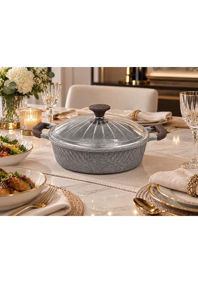 Oms Collection - Biogranit Ağır Döküm 30x8 Cm - 5,30 Litre Basık Tencere 3632 - Gri