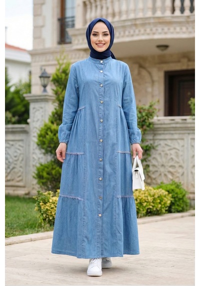 Hb Harma Time Butik Kadın Düğmeli Dantel Detaylı Açık Mavi Kot Elbise