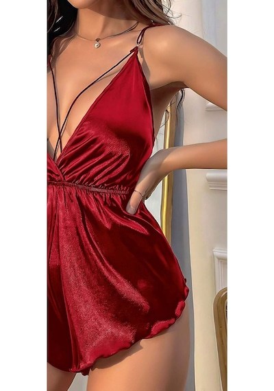 Lily Bianca Kırmızı Saten İnce Askılı Derin V Yaka Şortlu Babydoll Gecelik Kırmızı