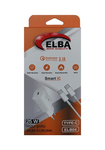 Elba Elb04-pd-25wtypc Beyaz 25w Typc-e Ev Şarj Kafa+1mt Type-c To Type-c Kablo Hızlı Şarj